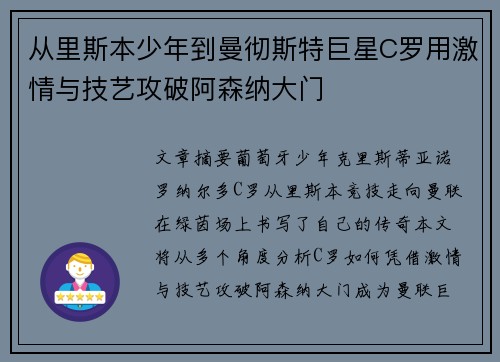 从里斯本少年到曼彻斯特巨星C罗用激情与技艺攻破阿森纳大门